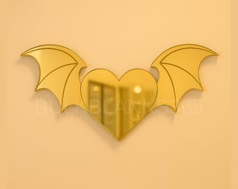 Gold Mirror Gothic Heart with Bat Wings Wall Decor – Dark Romantic Wall Art, Vampire Aesthetic Mirror, Gothic Bedroom Accent, Alt Glam Decor