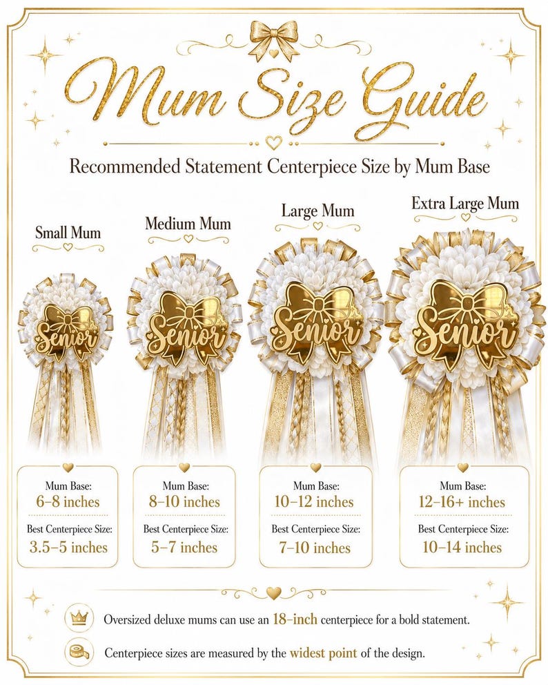 Puede incluir: Una gu&iacute;a de tallas para Mum con cuatro insignias florales blancas y doradas etiquetadas como Small, Medium, Large y Extra Large. Cada insignia tiene un lazo dorado con la palabra Senior. La tabla indica las medidas en pulgadas.