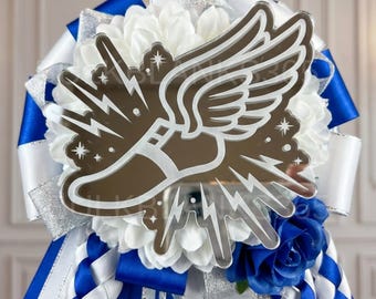 Track Homecoming Mum Trinket | Silver Mirror Acrylic Track Shoe Charm | Winged Shoe Sports Mum Centerpiece | HOCO Mum Supply