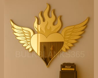 Gold Flaming Heart with Wings Wall Mirror – Tattoo-Inspired Sacred Heart Décor for Alternative Home, Salon, or Studio Accent