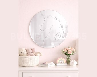 Unicorn Wall Mirror, Engraved Circle Mirror, Nursery Decor, Kids Room Wall Art, Unicorn Nursery Mirror, Acrylic Mirror