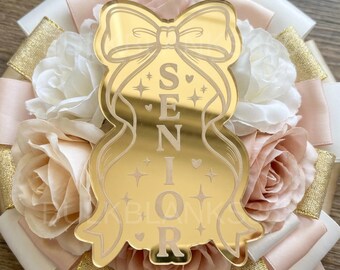 Vertical Senior Mum Trinket | Gold Mirror Acrylic Senior Charm | Big Bow Homecoming Mum Ribbon Add On