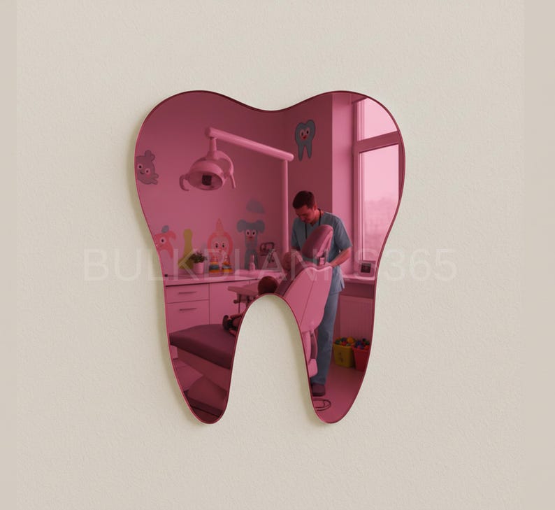Silver Mirror Acrylic Tooth Shape Cutout – Dental Office Wall Decor, Laser Cut Dentist Gift, Smooth Tooth Silhouette Pink Mirror