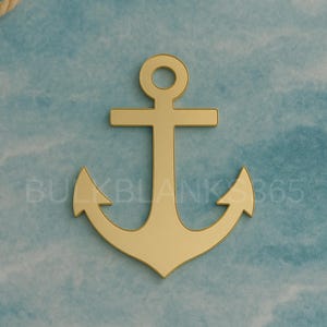 May include: A gold-colored anchor with a classic design, featuring a ring at the top, a horizontal bar, and curved arms. The anchor is set against a light blue background with a subtle wave pattern.