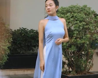 Blue Silk Halter Áo Dài: Modern Vietnamese Dress with Pants