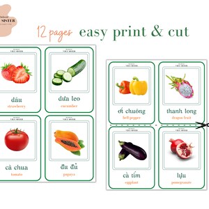 May include: A set of 12 printable flashcards featuring colorful illustrations of fruits and vegetables with their names in Vietnamese and English. The flashcards are designed for easy printing and cutting.