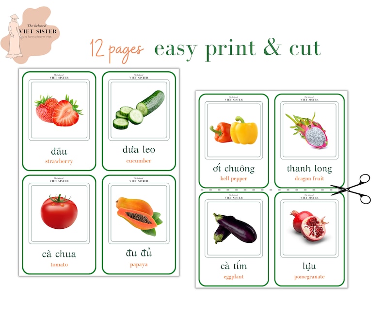 May include: A set of 12 printable flashcards featuring colorful illustrations of fruits and vegetables with their names in Vietnamese and English. The flashcards are designed for easy printing and cutting.