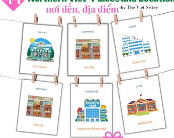 Op de afbeelding: Zes geïllustreerde kaarten met verschillende locaties in het Vietnamees. De kaarten zijn gelabeld met de Engelse en Vietnamese woorden voor elke locatie. De locaties zijn: apotheek, supermarkt, ziekenhuis, supermarkt, winkelcentrum en school.