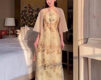 Chiffon Halter Áo Dài in Light yellow Gold | Short Sleeve Vietnamese Sunmer Ao Dai | Wedding Guest, Tết, Bridesmaid |NO PANTS| Free Ship