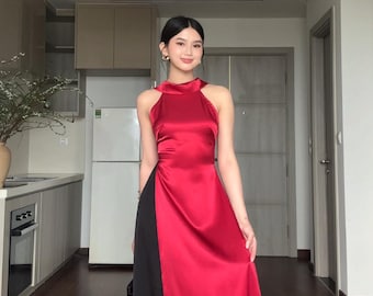 Red Halter Sleeveless Áo Dài Yếm |Modern Vietnamese Dress for Tết Wedding| PANTs INCLUDED | FREESHIP |The Viet Siste