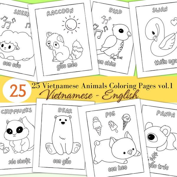 Learn Vietnamese easy Coloring animals| Fun activity for Vietnamese kids and parents| 25 vietnamese english coloring pages PDF file