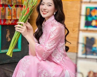 Light Pink Women Áo Dài-Chiffon Vietnam Ao Dai| 4-Ta Ao Dai| viet wedding guest clothes| lunar new year|NO PANTS| FREEshipping