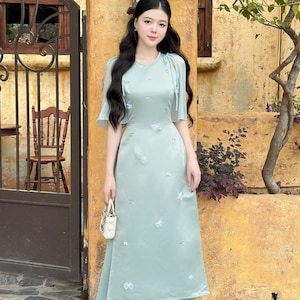 Áo Dài Pastel Bue Women–Modern Ao dai Blue Vietnamese Bridesmaid| Spring Summer Ao Dai for Vietnamese Bridesmaid| NO PANTS| FREEship