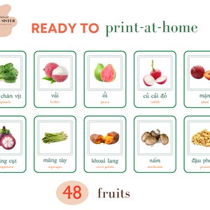 May include: A colorful chart with 10 green squares, each containing a picture of a fruit or vegetable and its name in Vietnamese and English. The chart is titled "READY TO print-at-home" and has the number "48" and the word "fruits" at the bottom.