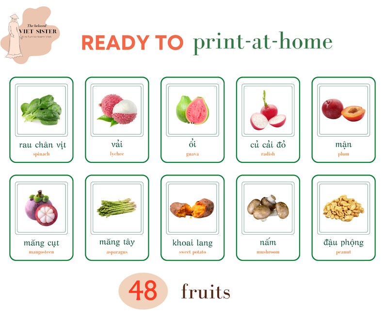 May include: A colorful chart with 10 green squares, each containing a picture of a fruit or vegetable and its name in Vietnamese and English. The chart is titled "READY TO print-at-home" and has the number "48" and the word "fruits" at the bottom.