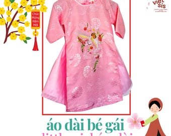 Pink Baby Girl Áo Dài: Crane Embroidery, Tutu Skirt & Headpiece