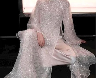 White Sequin Áo Dài for Bride | Loose Fit Vietnamese Wedding Dress with Pants | Bridal Áo Dài | FREESHIPPING | The Viet Sister
