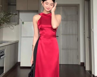 Red Halter o Di Ym: Modern Vietnamese Silk Dress With Black Pants - Etsy