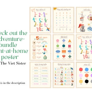 May include: A set of printable educational posters for children featuring colorful illustrations and Vietnamese text. The posters cover topics such as counting, the alphabet, shapes, the five senses, days of the week, months of the year, and colors.