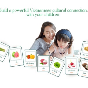 May include: A mother and daughter are learning Vietnamese words for fruits and vegetables. The cards feature images of mangosteen, guava, bell pepper, lychee, lettuce, radish, coconut, and peanuts.