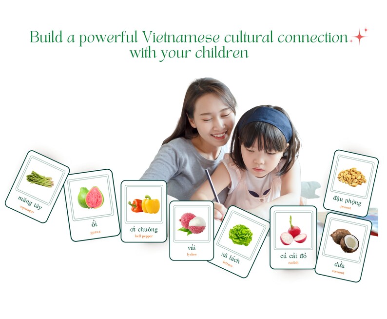 May include: A mother and daughter are learning Vietnamese words for fruits and vegetables. The cards feature images of mangosteen, guava, bell pepper, lychee, lettuce, radish, coconut, and peanuts.