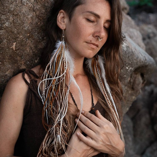 Natural feather earrings. Extra long feather earrings. White and brown feather earrings with silver hooks. Bohemian earrings with feathers