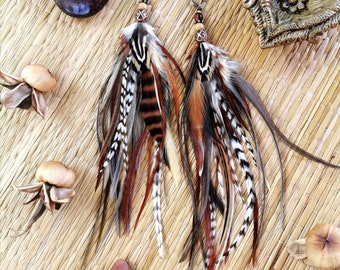 Brown feather earrings. 8 inch feather earrings. Bohemian earrings with feathers and natural stones. Long feather earrings in brown color.