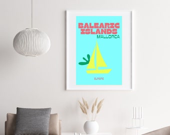 Retro Travel Print, Balearic Wall Art, Mallorca Wall Art, DIGITAL DOWNLOAD, Spain Travel Poster, Retro Summer Print, Colourful Wall Art