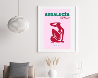 Retro Travel Print, Andalucia Wall Art, Sevilla Wall Art, DIGITAL DOWNLOAD, Spain Travel Poster, Retro Summer Print, Colourful Wall Art