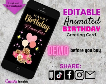Pink and Gold Birthday Card, Happy Birthday Video Card, Animated Birthday Card, Birthday E-card, Digital Card, Video Card, DIY Birthday Card