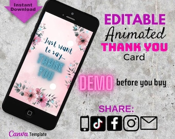 Animated Thank You Card, Electronic Thank You Card Template Editable, Thank You Note eCard for Phone, Paperless Digital Thank You Message