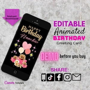 Roze en gouden verjaardagskaart, gelukkige verjaardag videokaart, geanimeerde verjaardagskaart, verjaardag E-card, digitale kaart, videokaart, DIY verjaardagskaart