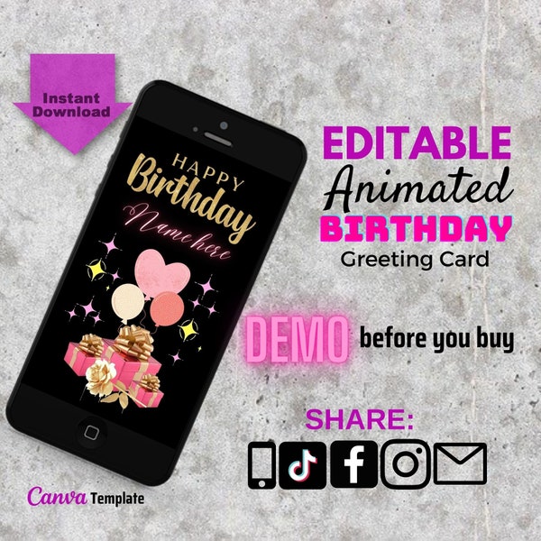 Pink and Gold Birthday Card, Happy Birthday Video Card, Animated Birthday Card, Birthday E-card, Digital Card, Video Card, DIY Birthday Card