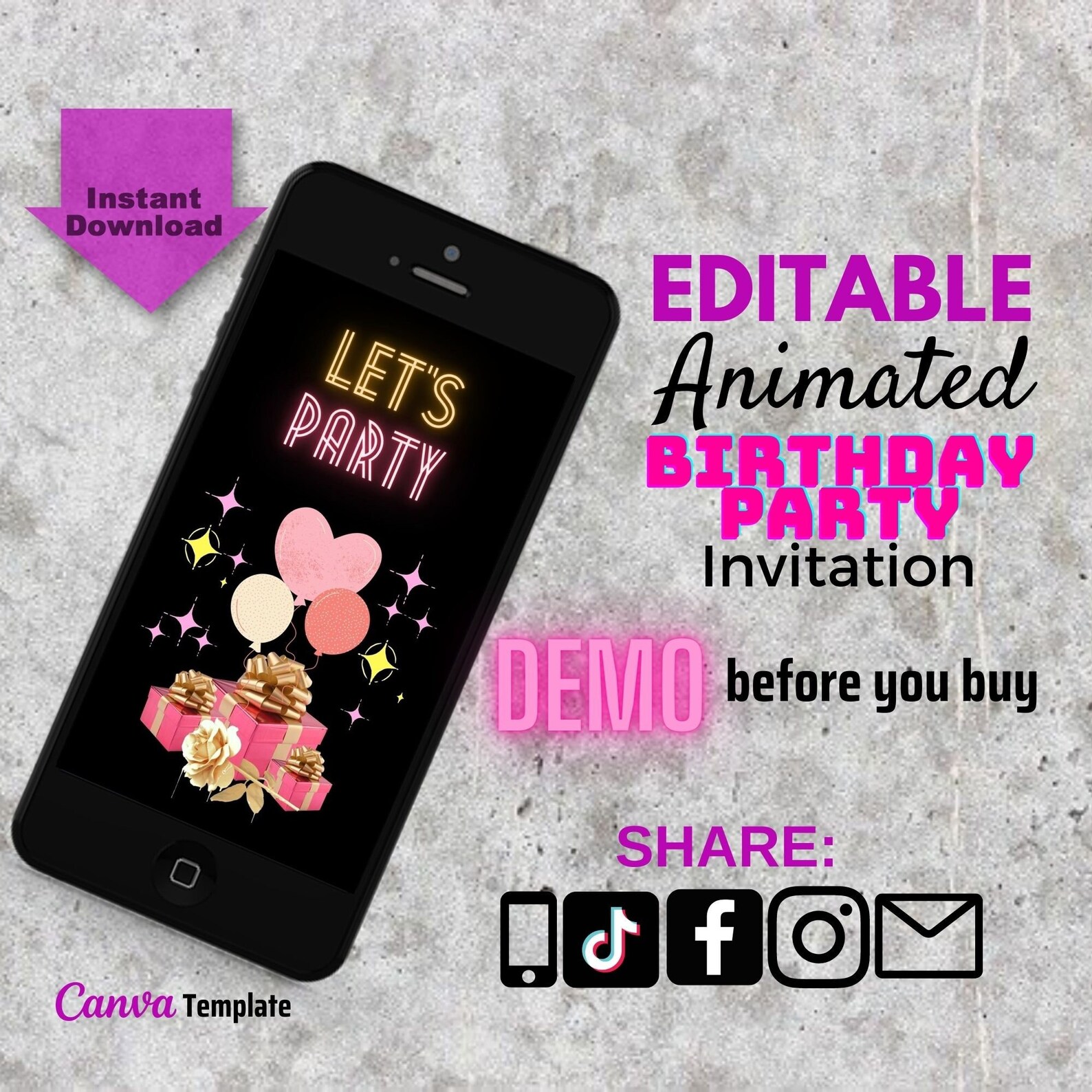 Editable Birthday Invitation Template Pink and Gold, Birthday Party