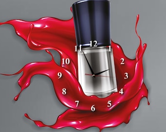 Horloge murale bouteilles de vernis à ongles, manucure, montre verte, décoration murale rouge pour salon de beauté, cadeaux manucure, horloge murale pour studio de manucure