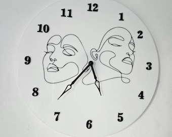 Reloj de pared con arte lineal moderno, diseño de caras elegantes, reloj acrílico en blanco y negro para dormitorio, decoración única para el hogar, idea de regalo de inauguración de la casa