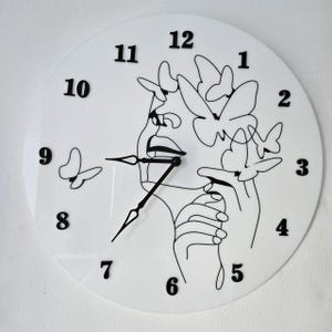 White And Black Line Art Wall Clock, Minimalist Wall Decoration For Living Room, Portrait With Butterflies Clock