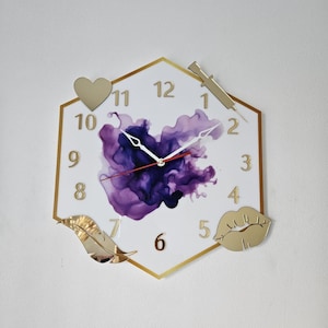 Hexagon Wall Clock with Purple Design and Numbers, Modern Wall Decoration For Beauty Salon, Unique Timepiece With Golden Accessories