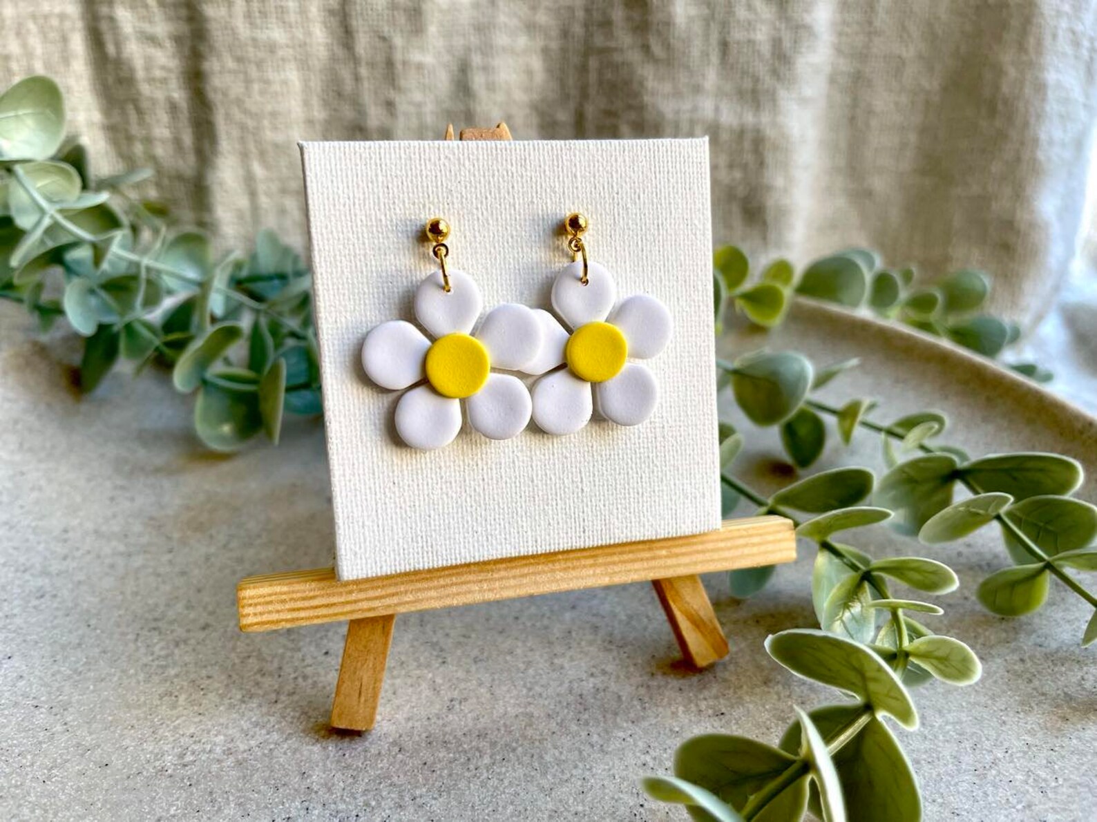 Flower Power Mini Daisy Dangle Polymer Clay Earrings, White Earrings