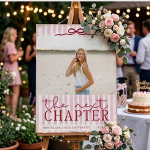 May include: A wooden easel displays a sign with the text "the next CHAPTER" in burgundy script, above a photo of a smiling person. The sign has pink and white stripes. The words "EDITABLE CANVA TEMPLATE" are at the top. Floral arrangements and string lights decorate the scene.