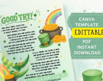 Carta editable con diseño de trampa para duendes / Nota sorpresa para el Día de San Patricio (Descarga en PDF de Canva)