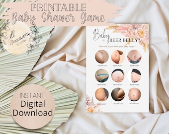 Baby Shower Games, Beer Belly Baby Bump Game Pink Boho Floral Games, Printable Games, Instant Download, Gender reveal party game