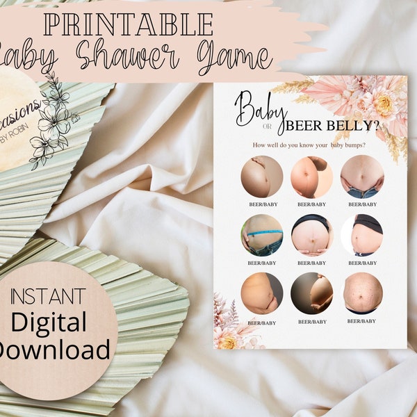 Baby Shower Games, Beer Belly Baby Bump Game Pink Boho Floral Games, Printable Games, Instant Download, Gender reveal party game