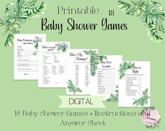 Baby Shower Games, Tropical Safari Games, Printable Games, Fun Baby Games Pack, Baby Predictions, Bingo, Green Tropical, Botanical
