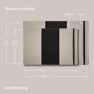 May include: Two book covers, one black and one gray, with black elastic bands. The gray cover is labeled "Medium" and the black cover is labeled "Large". The covers are labeled with measurements in centimeters.