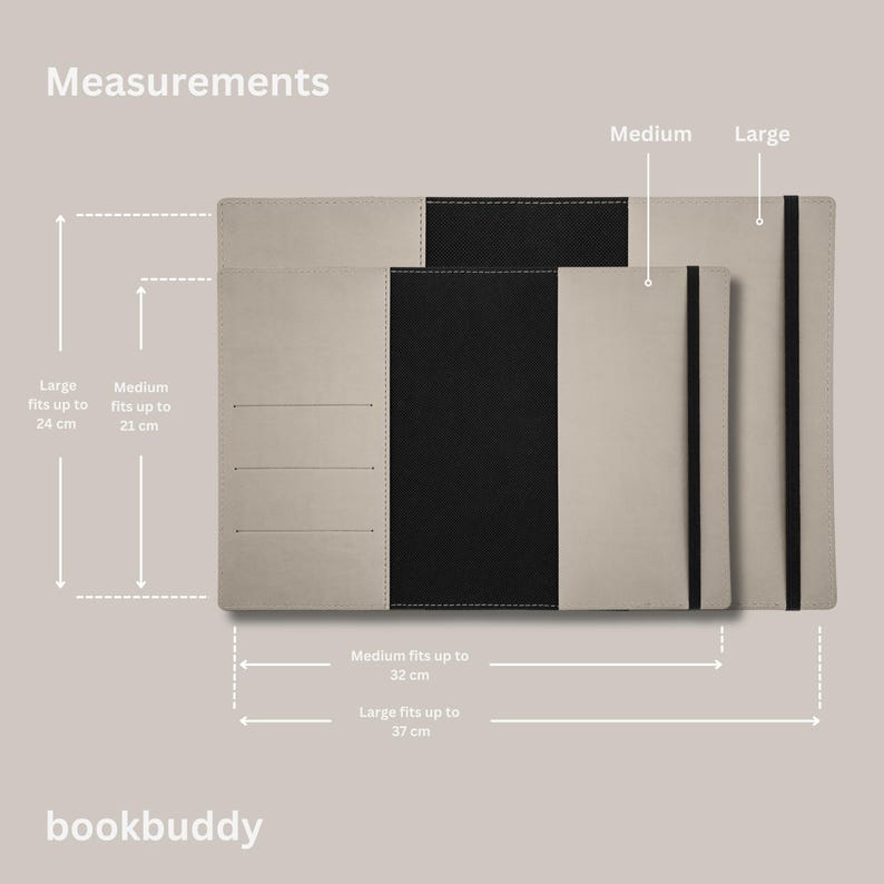 May include: Two book covers, one black and one gray, with black elastic bands. The gray cover is labeled "Medium" and the black cover is labeled "Large". The covers are labeled with measurements in centimeters.