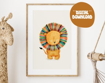 INSTANT DIGITAL DOWNLOAD - Sunny The Lion Nursery Print - Safari Theme Wall Art, Safari Nursery, Childrens, Kids, Animal Theme - Rainbow