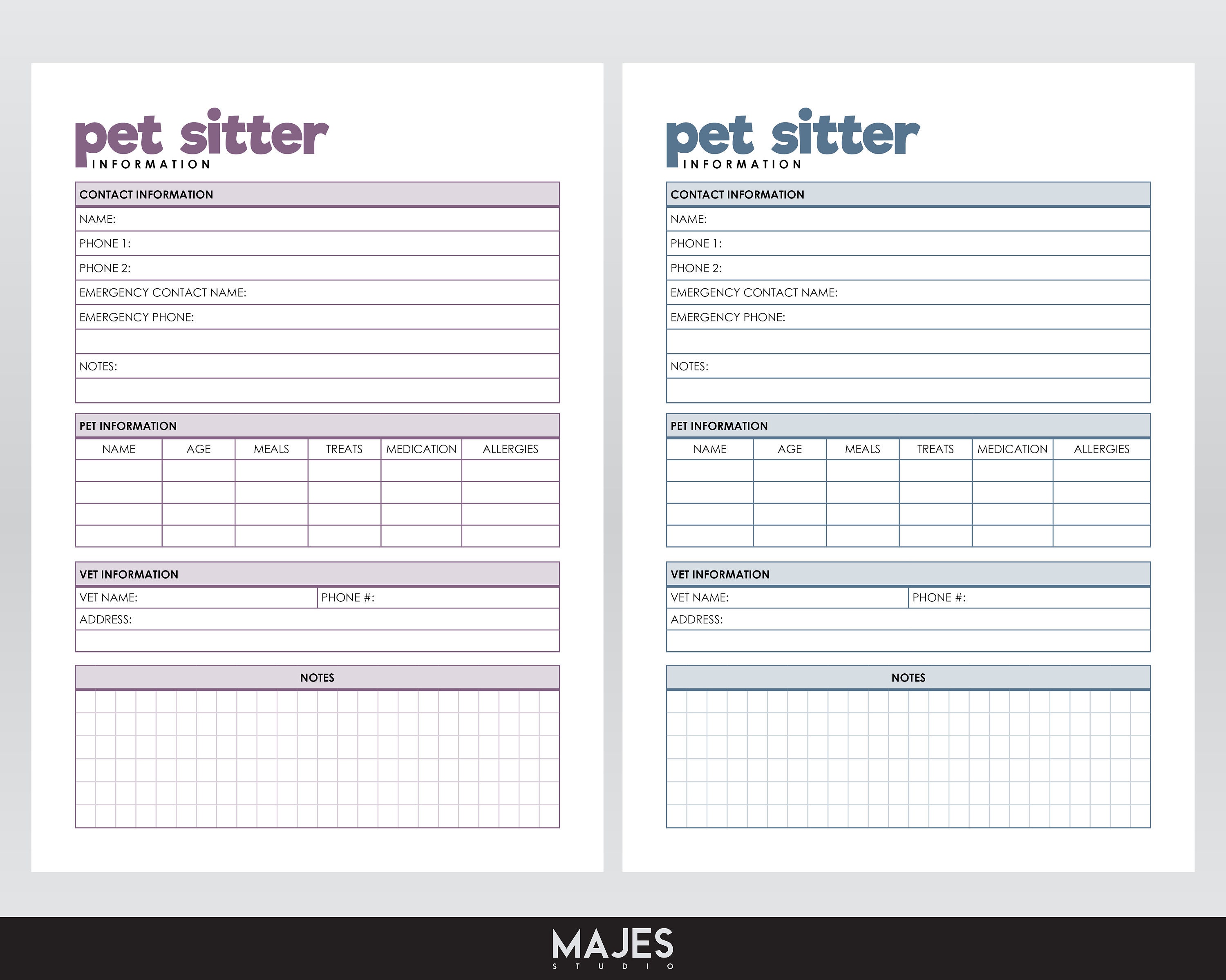 Pet Sitter Info Pet Care Sheet Pet Sitter Form Dog Sitting - Etsy