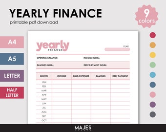 Yearly Budget Planner, Monthly Budget, Printable PDF (A4, A5, Letter)