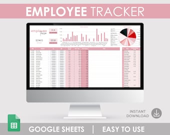 Könnte beinhalten: Ein Computerbildschirm zeigt eine Tabellenkalkulation mit dem Titel "Employee Tracker". Die Tabellenkalkulation enthält Spalten für Datum, Mitarbeitername, Startzeit, Endzeit, Gesamtstunden und Gesamtkosten. Die Tabellenkalkulation ist in einem rosa und weißen Farbschema gehalten. Der Text "GOOGLE SHEETS | EASY TO USE" wird unterhalb des Computerbildschirms angezeigt.